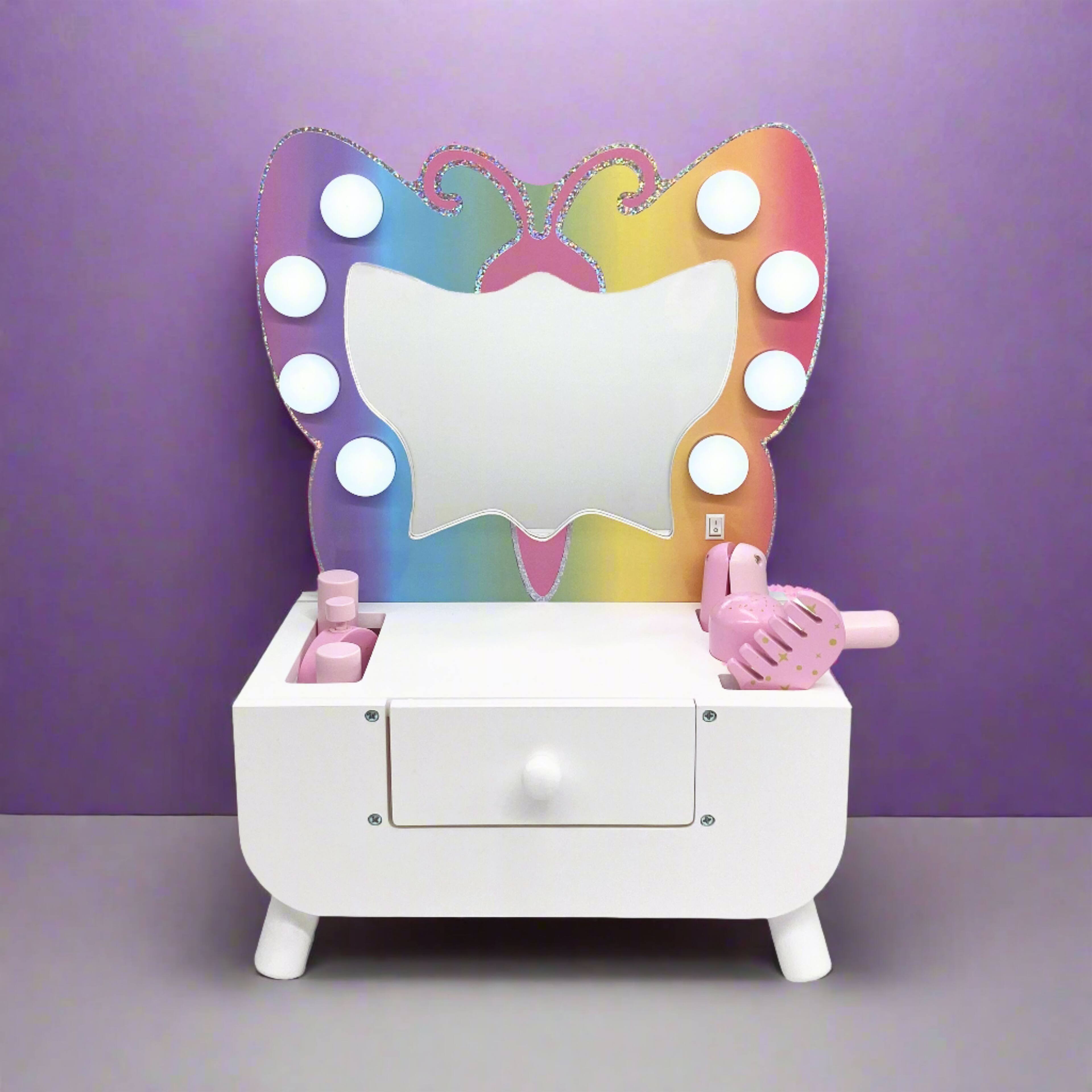 Front. Teamson Kids - Teamson Kids Colorful Butterfly-Shaped Tabletop Vanity with Illuminated Mirror.