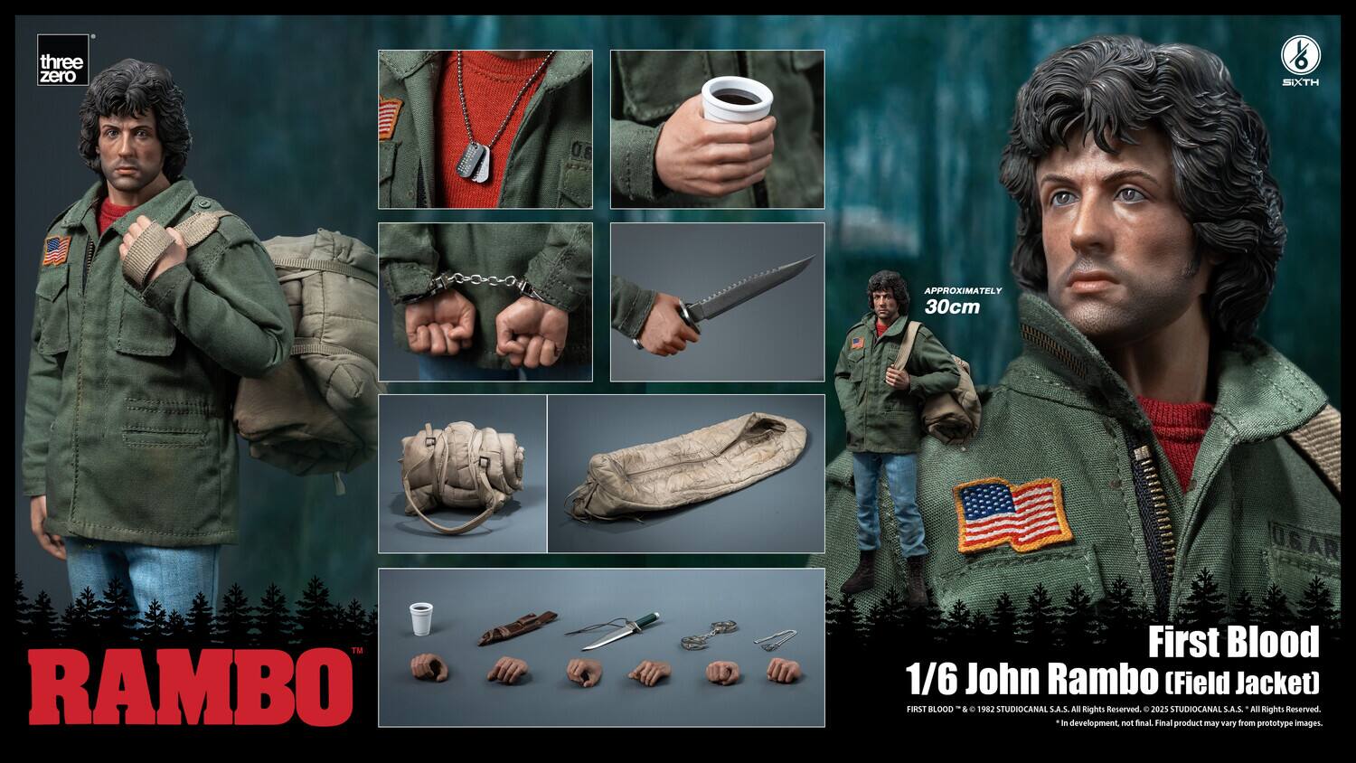 three zero SIXTH 0.6 D APPROXIMATELY 30cm US.AR RAMBO First Blood 1/6 John Rambo (Field Jacket) IK! BLOOD & e 1982 STUDIOCANAL S.A.S. All Rights Reserved. C 2025 STUDIOCANAL S.A.S. All Rights Reserved. in development, not final Final product may vary from prototype images.