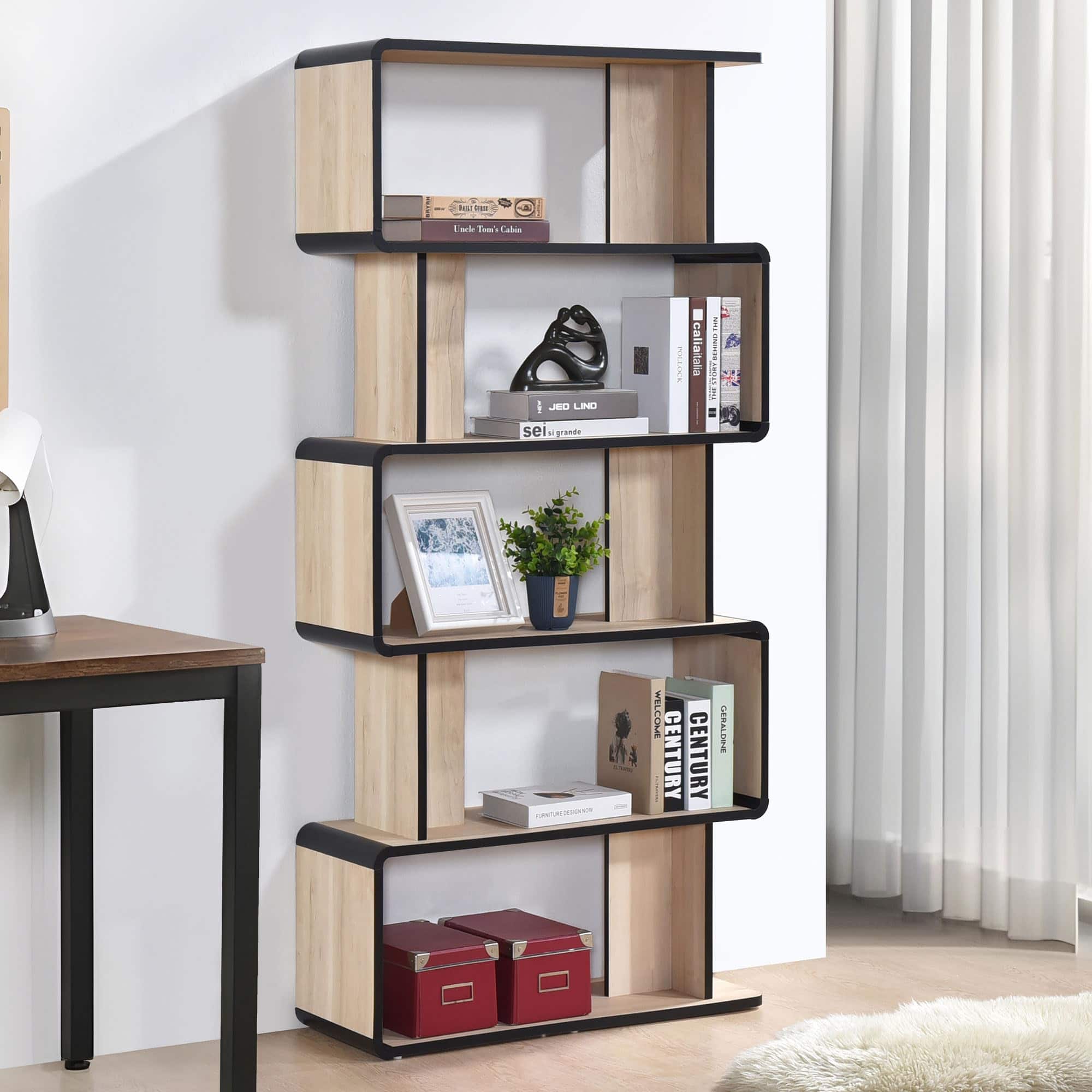 Kings Brand Furniture - Nathan Modern Wooden Bookcase in Asymmetrical Design (5 Shelf) - Natural