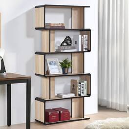 Kings Brand Furniture - Nathan Modern Wooden Bookcase in Asymmetrical Design (5 Shelf) - Natural