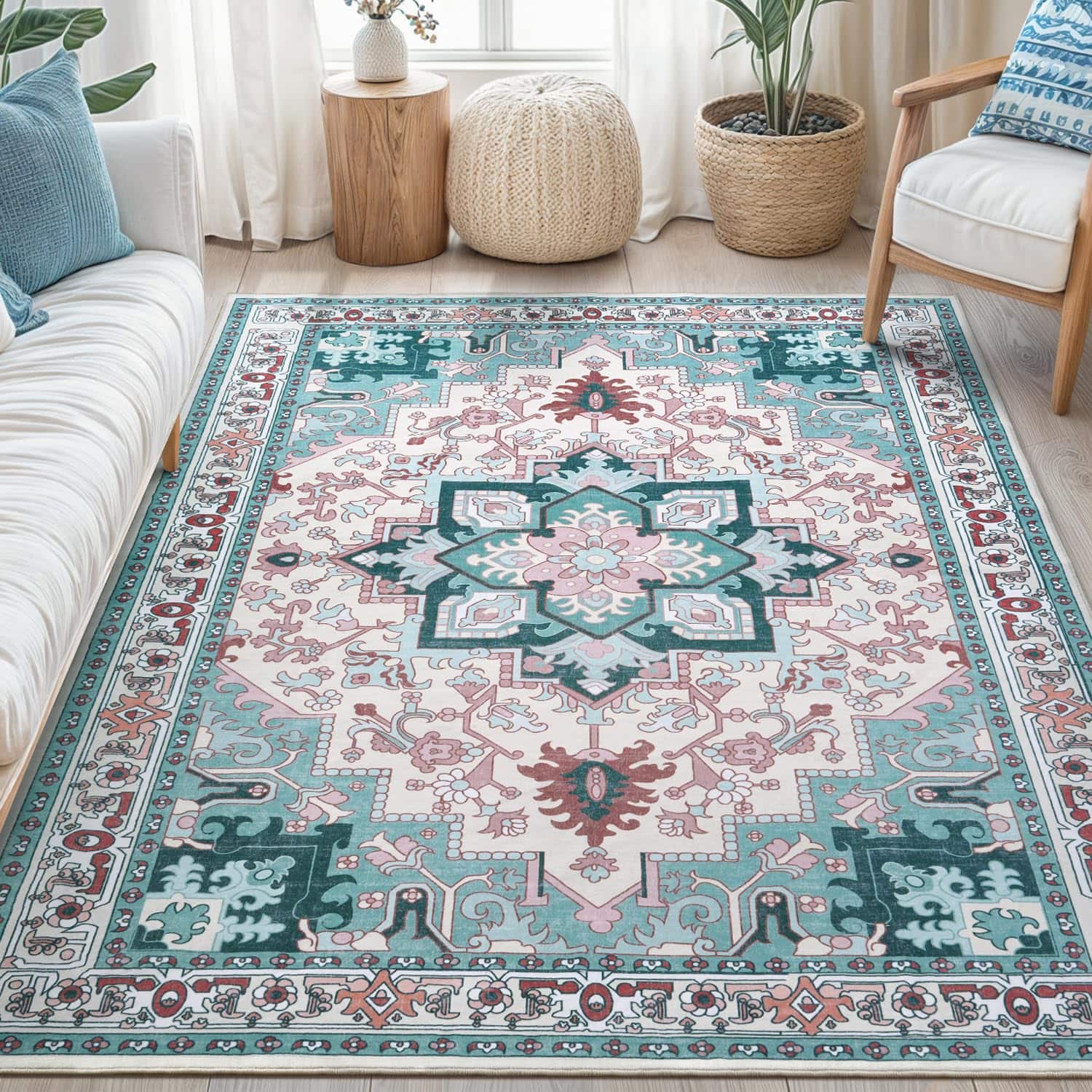 PARKER SLATER - 5x7 Area Rugs Living Room Washable Rug Bedroom Kitchen Vintage Boho Carpet Soft Non Slip Low Pile Large Office Dining - Light Blue