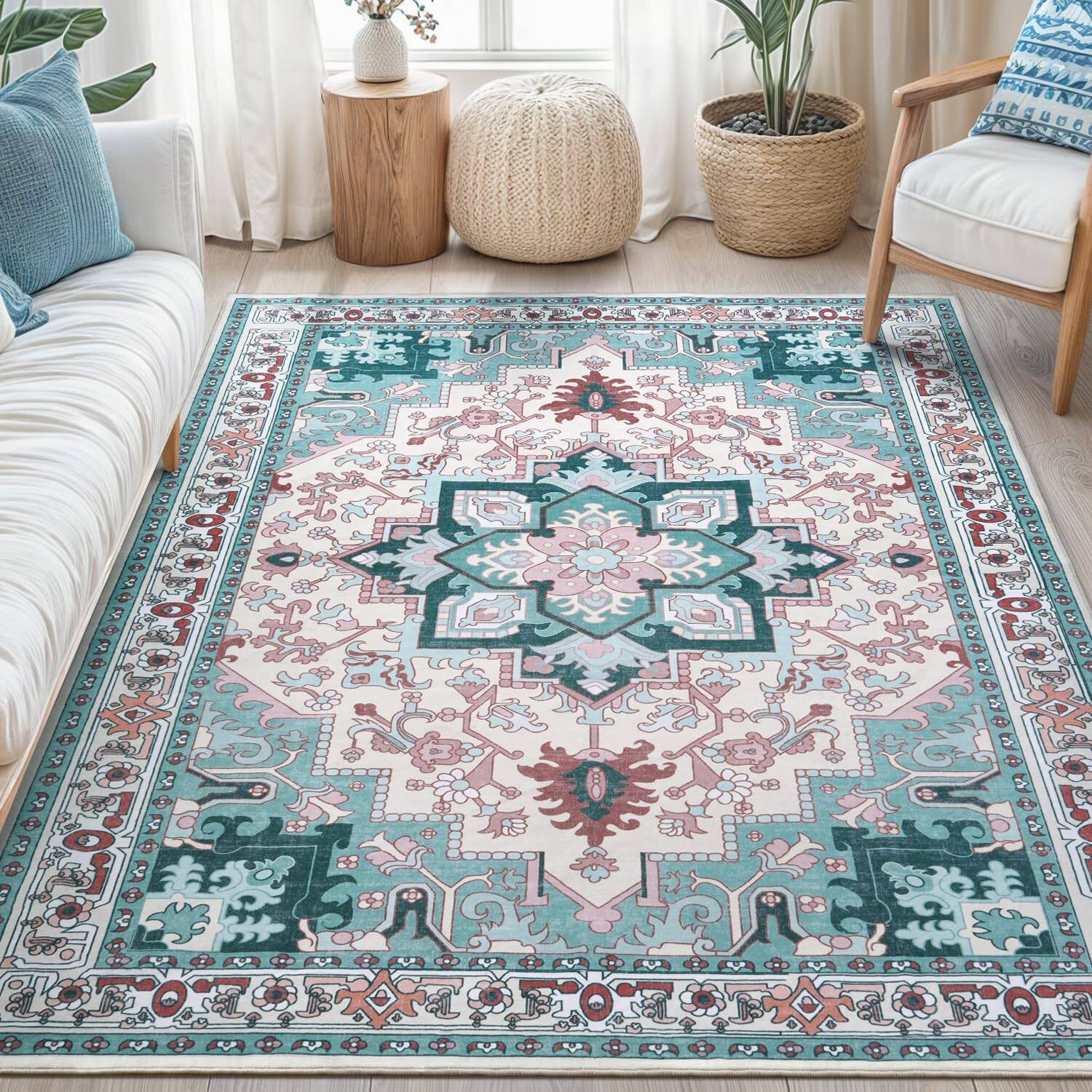 Front. PARKER SLATER - 5x7 Area Rugs Living Room Washable Rug Bedroom Kitchen Vintage Boho Carpet Soft Non Slip Low Pile Large Office Dining - Light Blue.