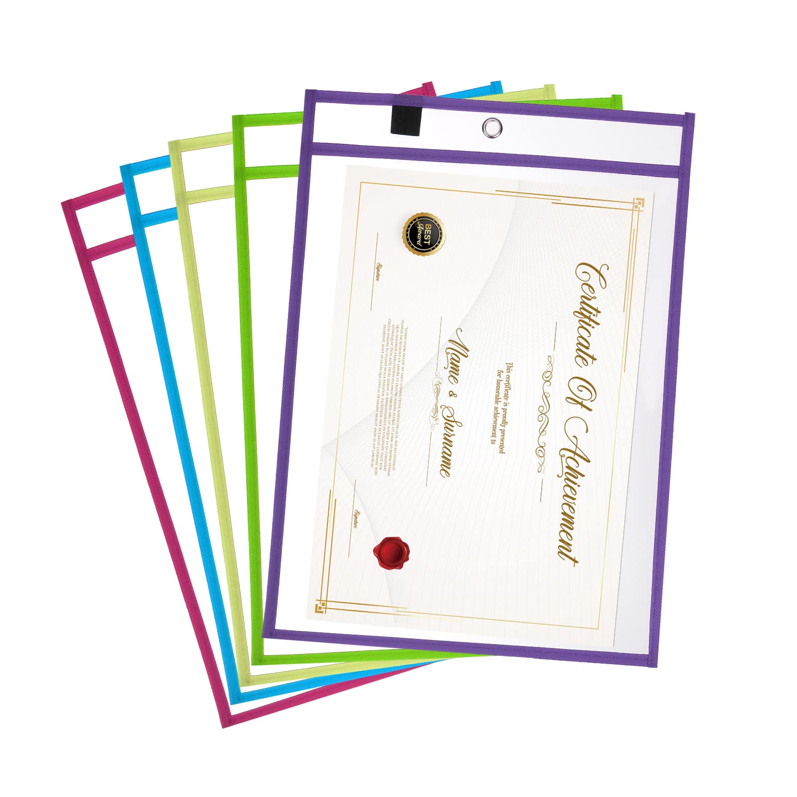 Unique Bargains - 5pcs Job Ticket Holders 13x10 Inch Dry Erase Reusable Clear Plastic Sleeves for Invoice Office Shop Organization - Purple/Yellow/Light Blue/Green/Rose Red