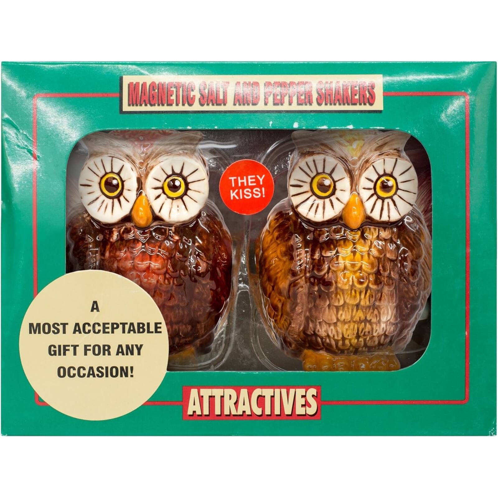 MAGNETIC SALT AND PEPPER SHAKERS  
THEY KISS!  
A MOST ACCEPTABLE GIFT FOR ANY OCCASION!  
ATTRACTIVES