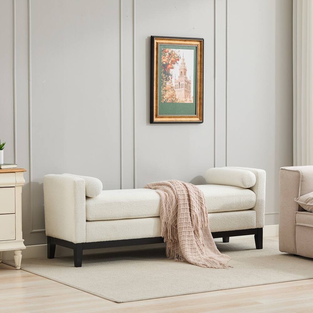 Front. Ropilly - Ropilly Ivory Boucle End of Bed Bench with Black Wood Frame - Ivory.