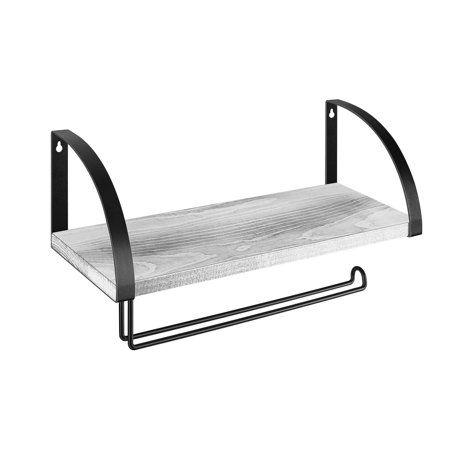 Oumilen - Wall Mounted Floating Shelf with Paper Towel Holder – Gray White Wood Storage Shelf with Roll Bar