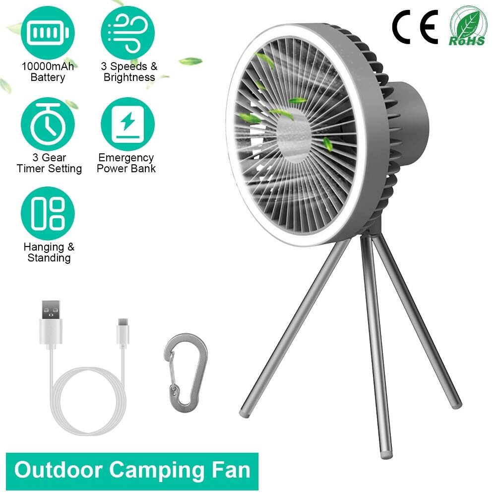 10000mAh 3 Speeds & Battery Brightness CE ROHS 3 Gear Emergency Timer Setting Power Bank 08 Hanging & Standing Outdoor Camping Fan