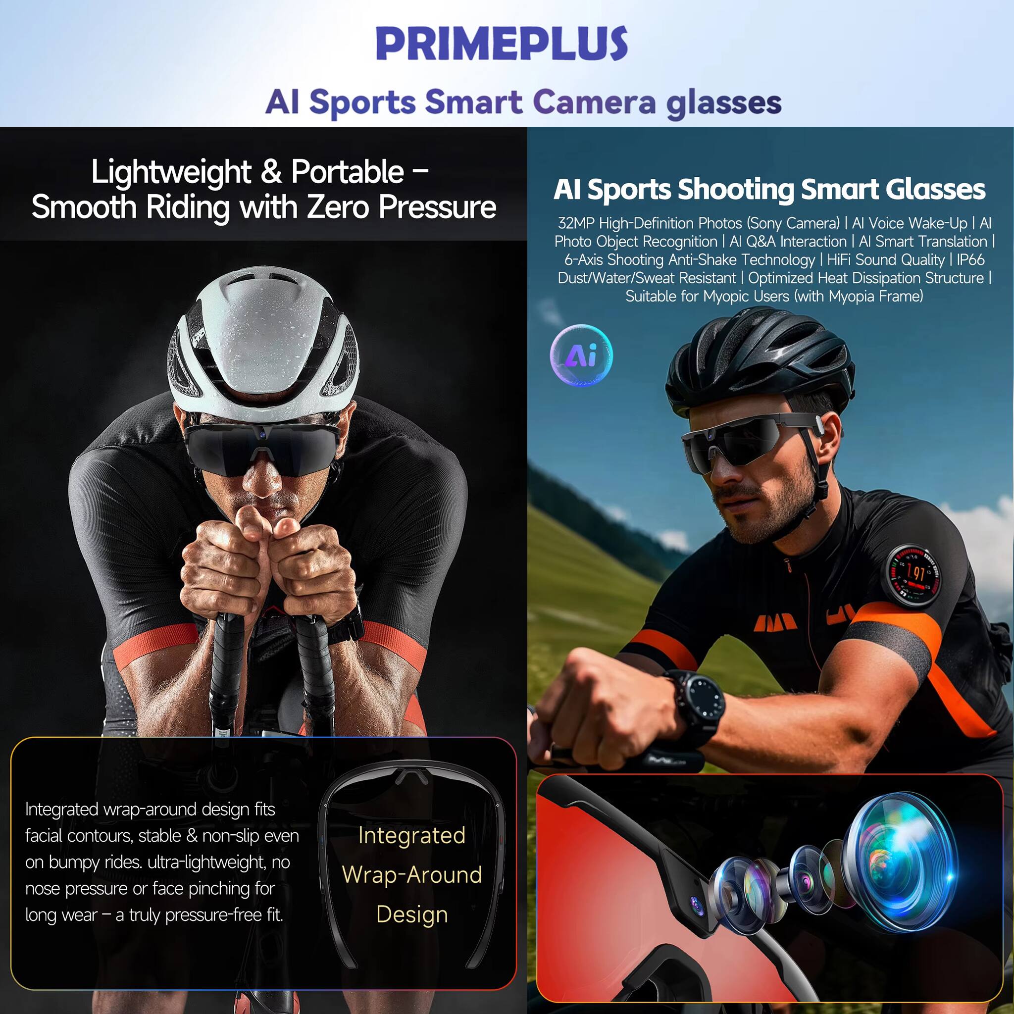 PRIMEPLUS AI Sports Smart Camera glasses Lightweight & Portable - AI Sports Shooting Smart Glasses Smooth Riding with Zero Pressure 32MP High-Definition Photos (Sony Camera) | AI Voice Wake-Up | AI Photo Object Recognition | AI Q&A Interaction | AI Smart Translation | 6-Axis Shooting Anti-Shake Technology | HiFi Sound Quality | IP66 Dust/Water/Sweat Resistant | Optimized Heat Dissipation Structure | Suitable for Myopic Users (with Myopia Frame) AI 91 Integrated wrap-around design fits facial contours, stable & non-slip even on bumpy rides. ultra-lightweight, no nose pressure or face pinching for long wear - a truly pressure-free fit.