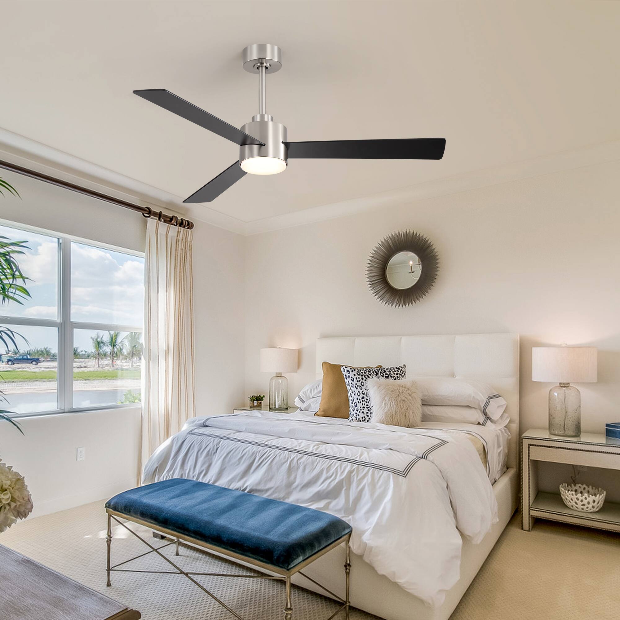 Alt View 9. Breezary - 52" Indoor Ceiling Fan, 3 Plywood Blades, 6-Speed DC Motor, Remote & Timer, 5" & 10" Downrods, LED Light/No Light Option - Satin Nickel and Black(With Light).