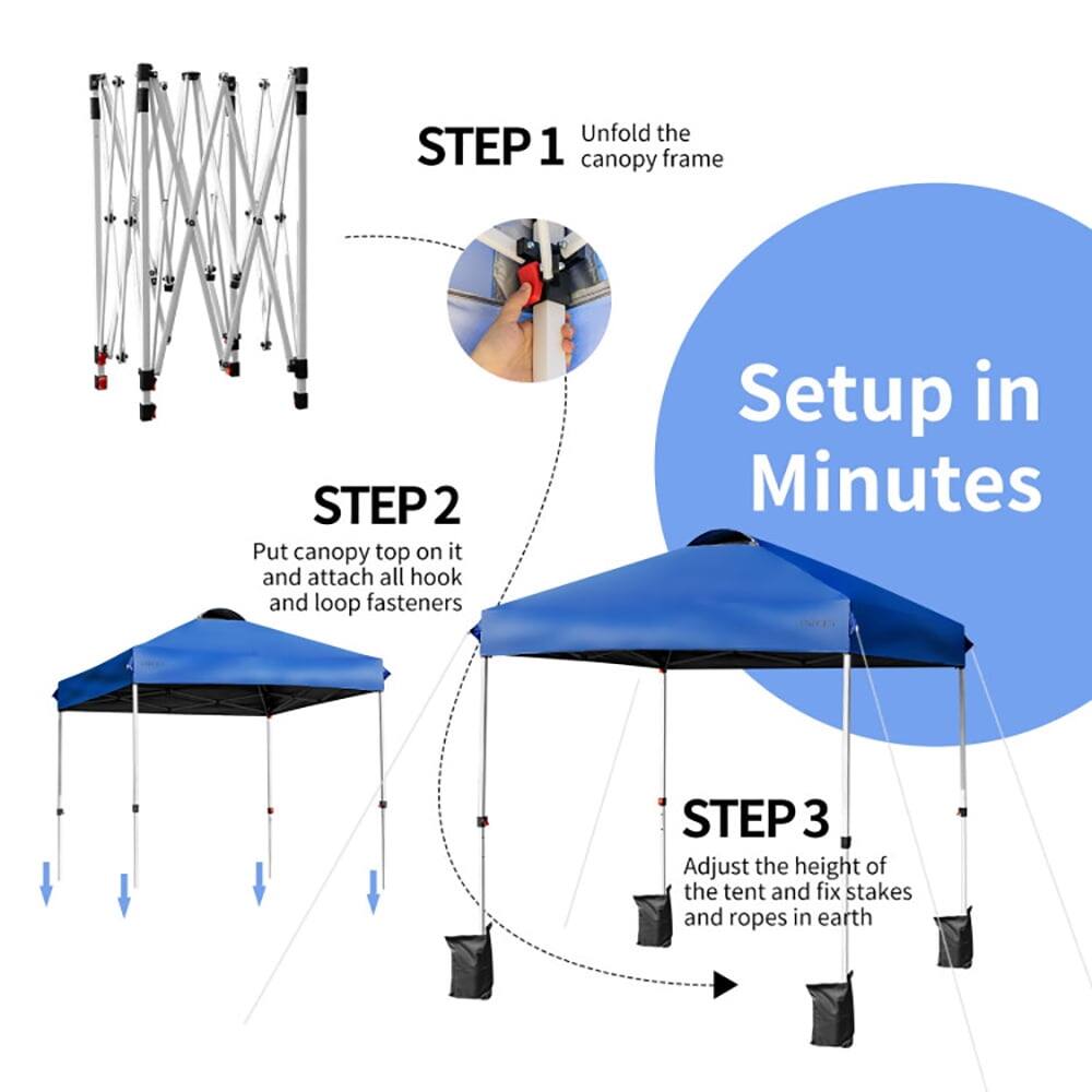 Unfold the canopy frame (STEP 1)  
Put canopy top on it and attach all hook and loop fasteners (STEP 2)  
Adjust the height of the tent and fix stakes and ropes in earth (STEP 3)  
Setup in Minutes