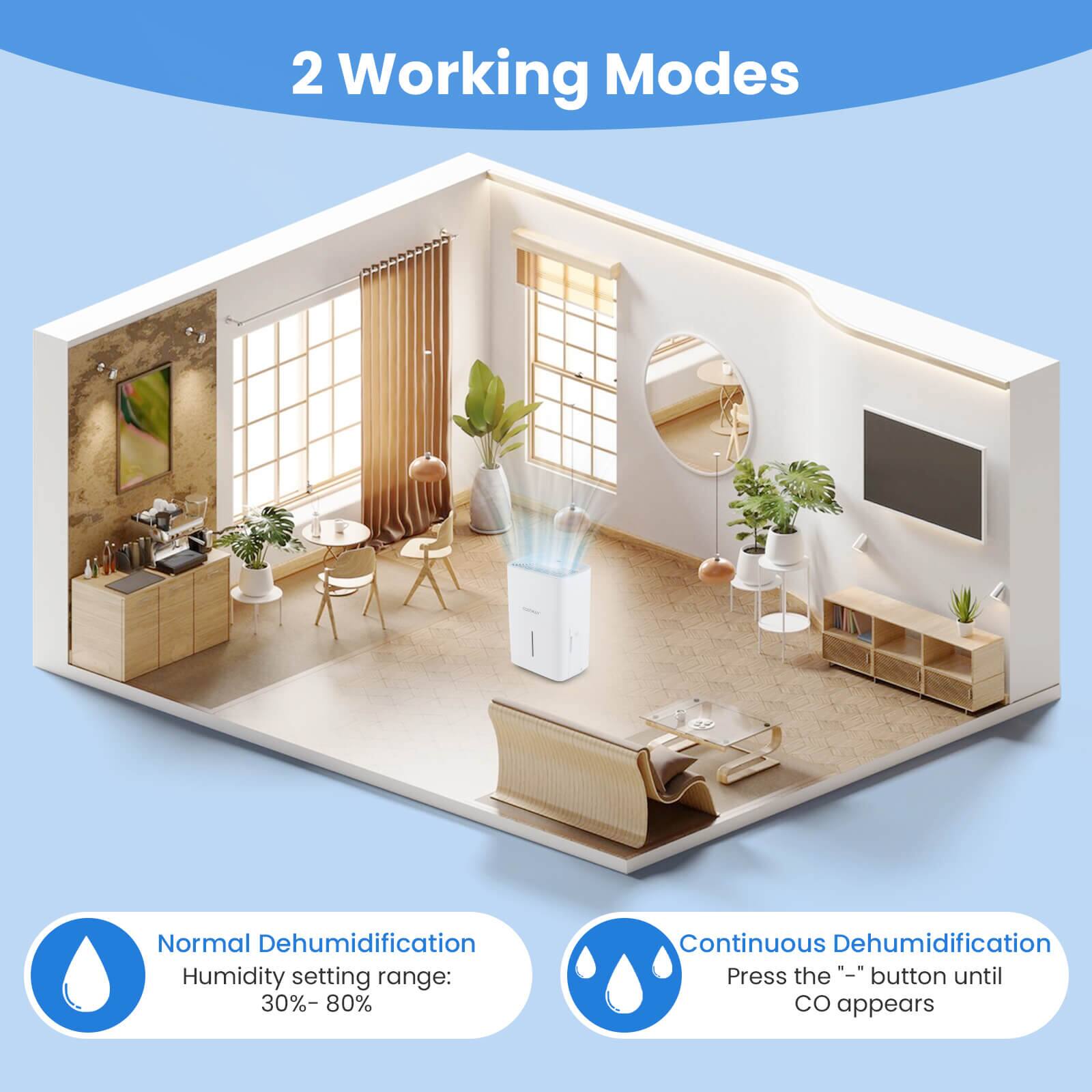 2 Working Modes

Normal Dehumidification  
Humidity setting range: 30% - 80%

Continuous Dehumidification  
Press the "-" button until CO appears