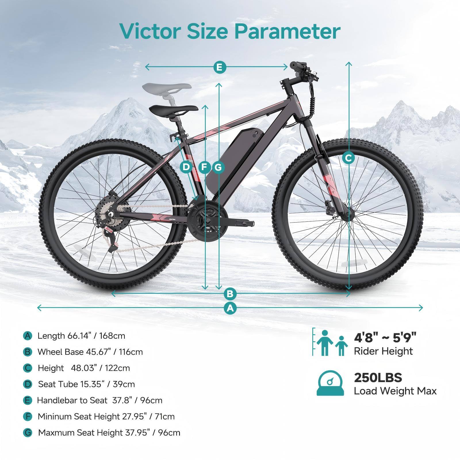 Victor Size Parameter

A. Length 66.14" / 168cm  
B. Wheel Base 45.67" / 116cm  
C. Height 48.03" / 122cm  
D. Seat Tube 15.35" / 39cm  
E. Handlebar to Seat 37.8" / 96cm  
F. Minimum Seat Height 27.95" / 71cm  
G. Maximum Seat Height 37.95" / 96cm  

4'8" ~ 5'9" Rider Height  
250LBS Load Weight Max