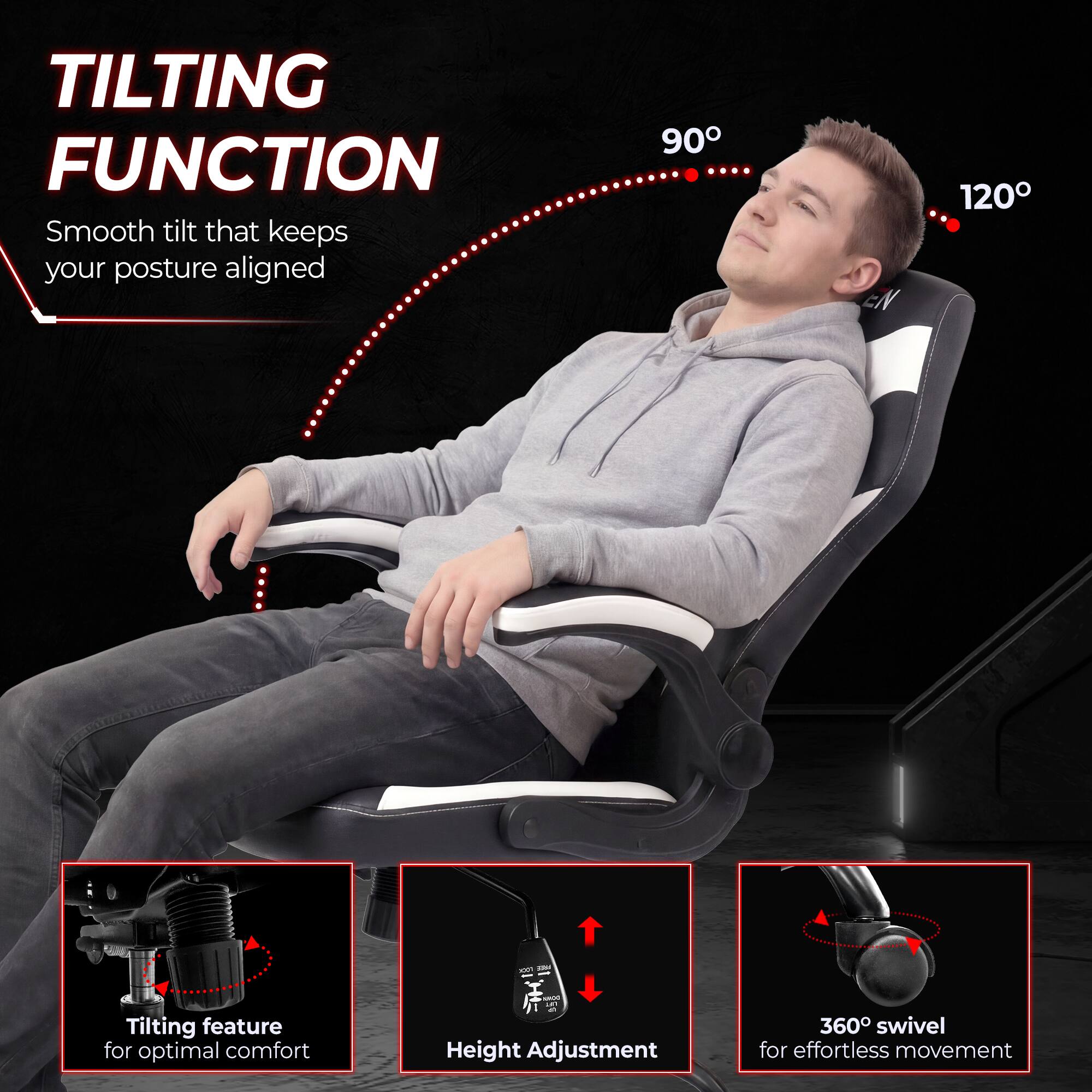 TILTING FUNCTION  
Smooth tilt that keeps your posture aligned  
90°  
120°  
COME PAGE - COMICS  
Tilting feature for optimal comfort  
Height Adjustment  
360° swivel for effortless movement