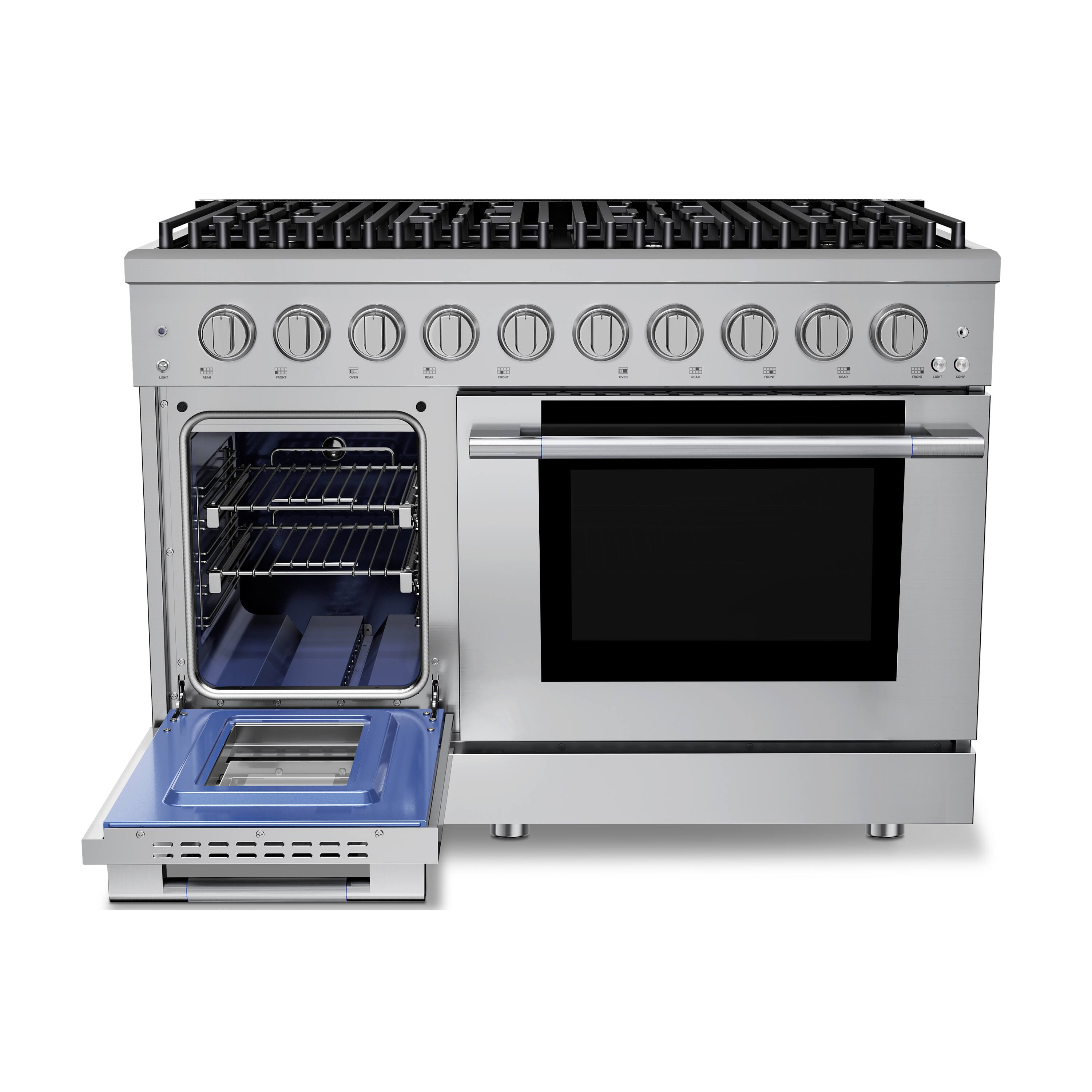 Angle. Hauslane - HausPro 48 in. 8 Burners (20,000 BTU) Freestanding Dual Fuel Range in Stainless Steel with Double Convection Oven Silver - Stainless Steel.
