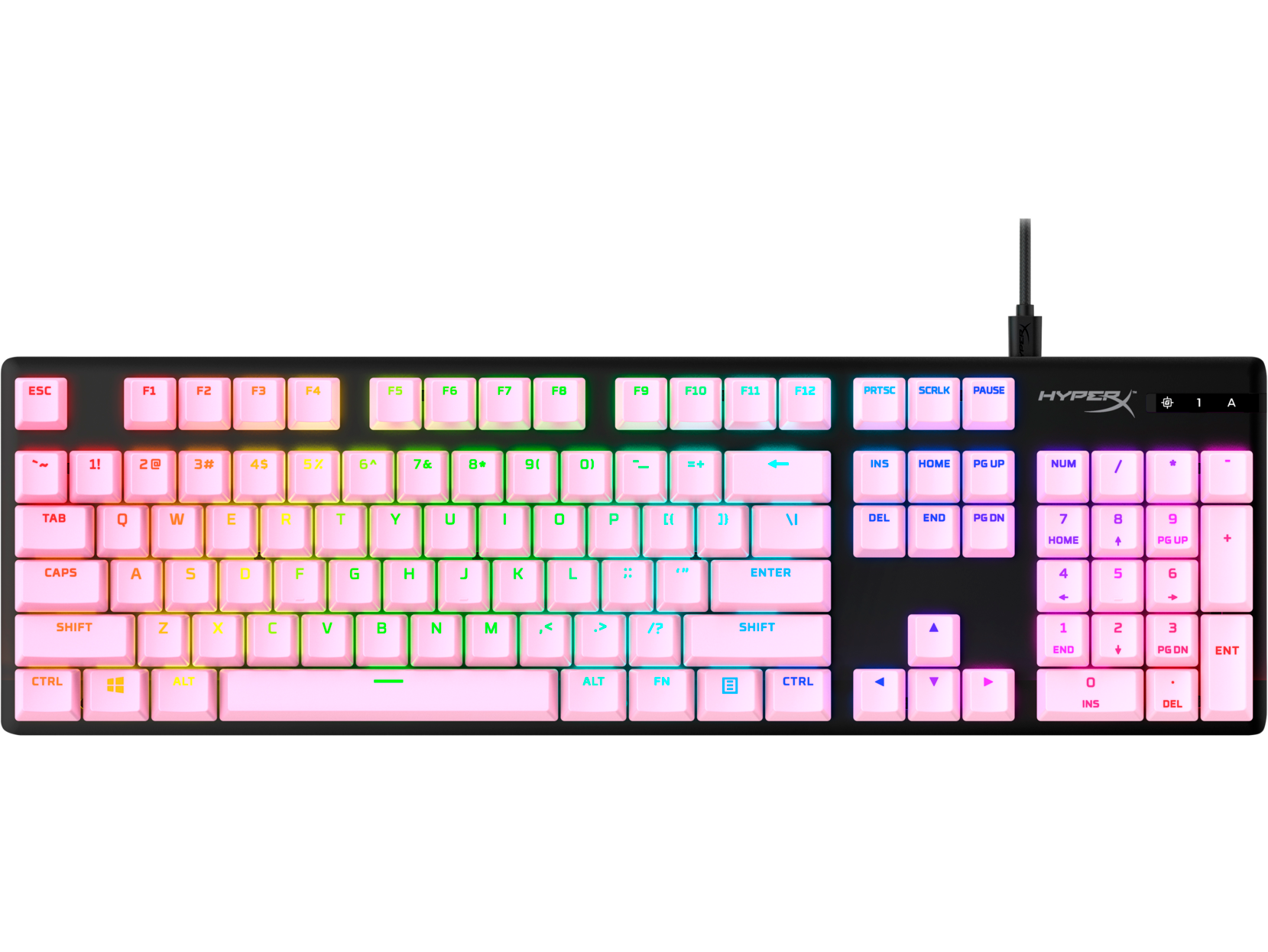 ESC F1 F2 F3 F4 F5 F6 F7 F8 F9 F10 F11 F12 PRTSC SCRLK PAUSE HYPER 1 A 11 2 3# 4$ 5% 6^ 7& 8* 9( 0) - = + ←  
TAB Q W E R T Y U I O P [ ] \  
CAPS A S D F G H J K L ; ' ENTER  
SHIFT Z X C V B N M , . / SHIFT  
CTRL FN ALT FN ALT CTRL  
INS HOME PG UP NUM / * -  
DEL END PG DN 7 8 9 ↑  
4 5 6 ←  
1 2 3 ↓  
0 INS DEL