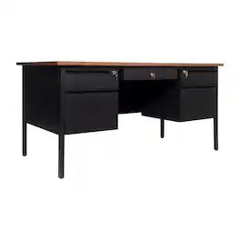 Flash Furniture - Cambridge Commercial Grade 30x60 Double Pedestal Desk with 5 Locking Drawers, Walnut Top and Black Frame - Brown