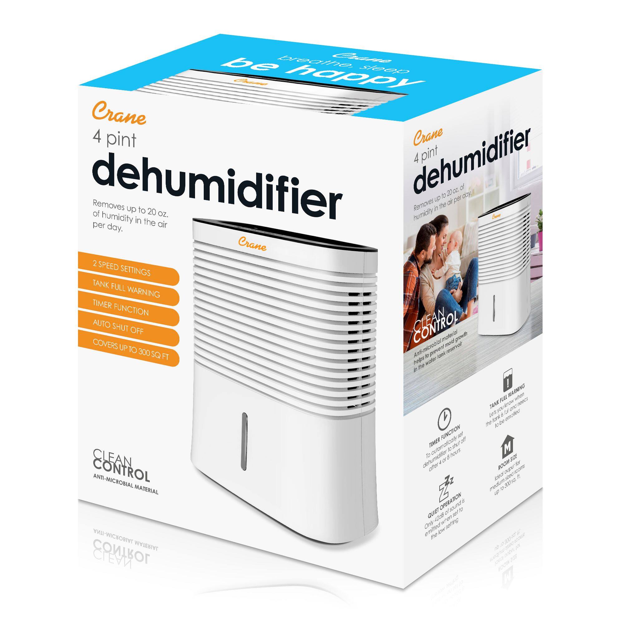 Crane 4 pint dehumidifier removes up to 20 oz. of humidity per day. It has 2 speed settings, a tank full warning timer function, lean auto shut off, and a clean filter of 10-300 sq. ft. The box contains a 4 pint dehumidifier and a 20 oz. humidity remover. The product is designed to be by Crane and is intended to make users happy.