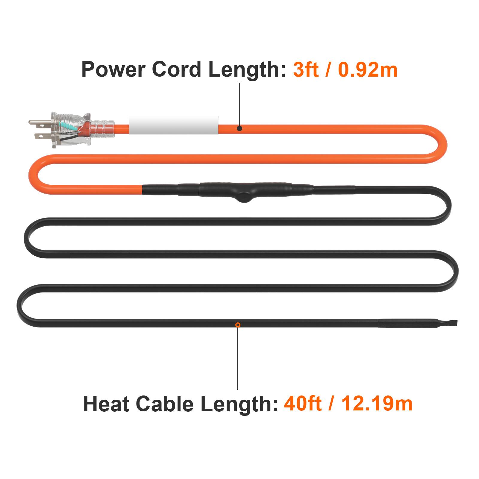 Power Cord Length: 3ft / 0.92m  
Heat Cable Length: 40ft / 12.19m