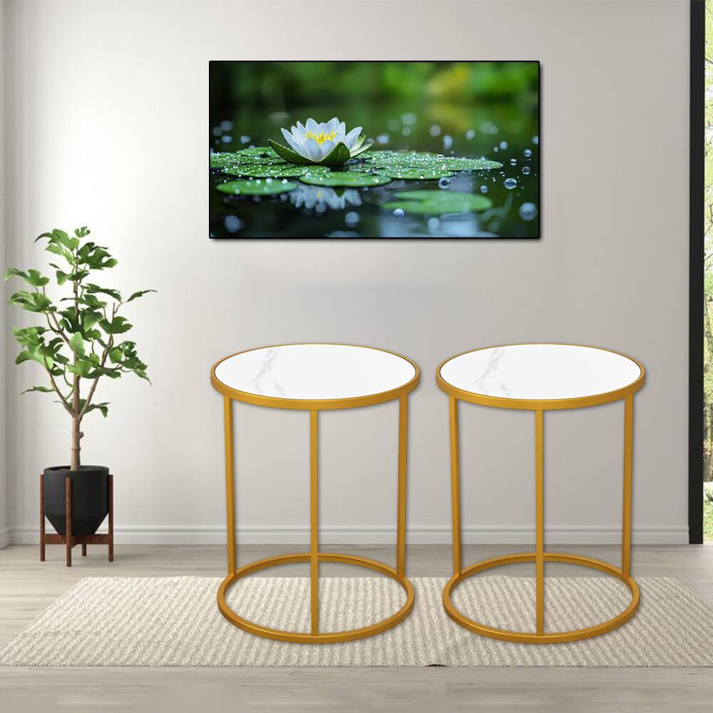 Front. Hivvago - 16-Inch Modern Round Side Table with Marble-Style Top and Sleek Gold Metal Base for Living Room or Bedroom - Set of 2 - Golden.