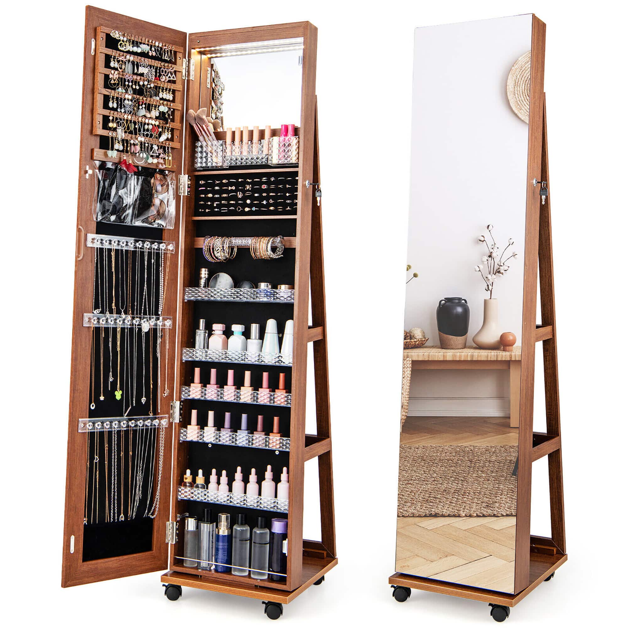 Gymax - 64'' Jewelry Organizer Lockable Jewelry Cabinet Armoire w/ Mirror & LED Lights - Brown