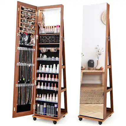 Front. Gymax - Gymax 64'' Jewelry Organizer Lockable Jewelry Cabinet Armoire w/ Mirror & LED Lights Brown - Brown.