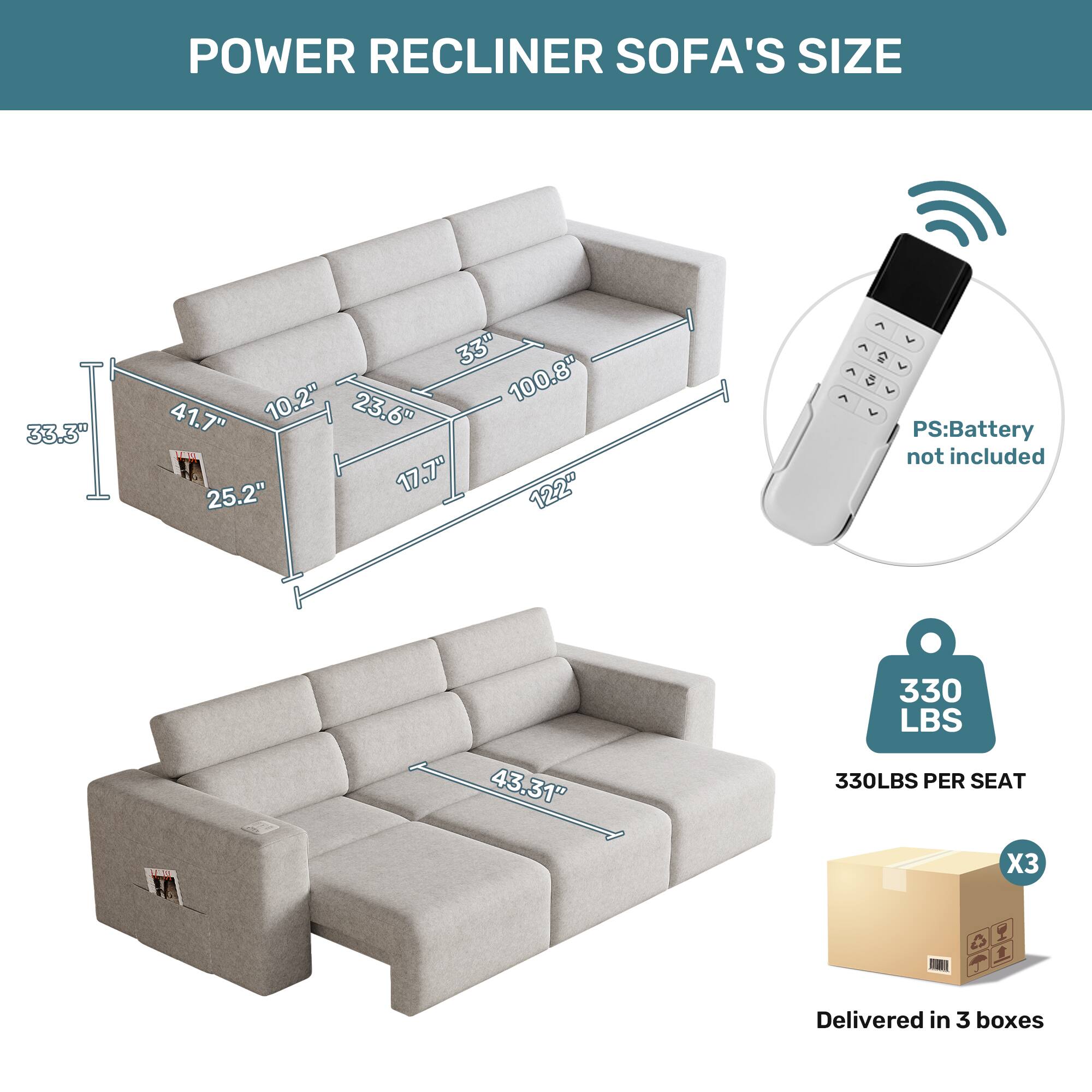 POWER RECLINER SOFA'S SIZE

33.3"  
33" 10.2" 23.6" 100.8" 41.7" 25.2" 17.7" 122"  
L V V V V PS: Battery not included  
43.31"  
330 LBS 330LBS PER SEAT  
X3  
Delivered in 3 boxes