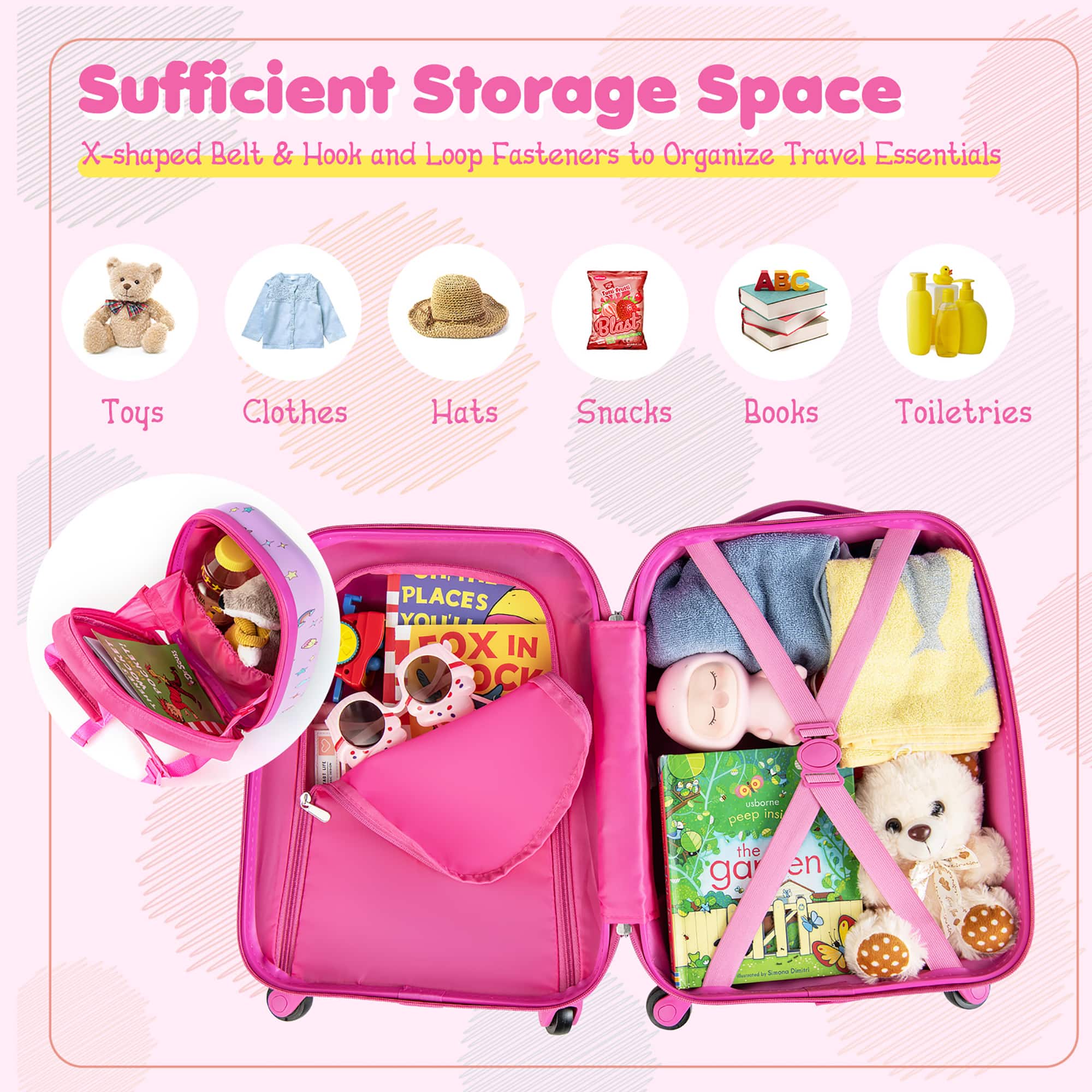 Sufficient Storage Space: X-shaped Belt & Hook and Loop Fasteners to Organize Travel Essentials. ABC Toys, Clothes, Hats, Snacks, Books, Toiletries.