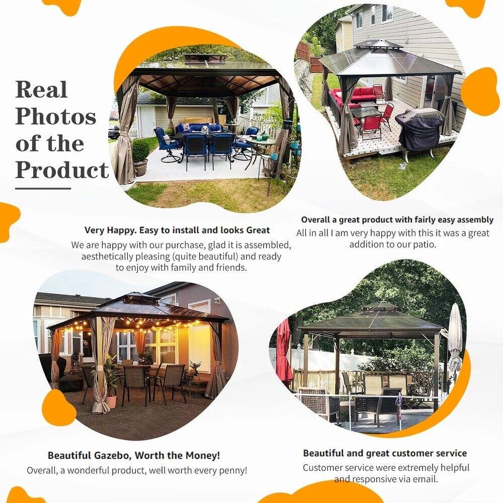 Real Photos of the Product

Very Happy. Easy to install and looks Great
We are happy with our purchase, glad it is assembled, aesthetically pleasing (quite beautiful) and ready to enjoy with family and friends.

Overall a great product with fairly easy assembly
All in all I am very happy with this it was a great addition to our patio.

Beautiful Gazebo, Worth the Money!
Overall, a wonderful product, well worth every penny!

Beautiful and great customer service
Customer service were extremely helpful and responsive via email.