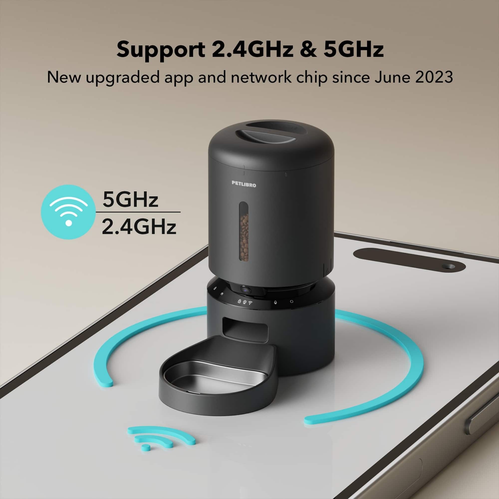 Support 2.4GHz & 5GHz New upgraded app and network chip since June 2023 5GHz 2.4GHz PETLIBRO