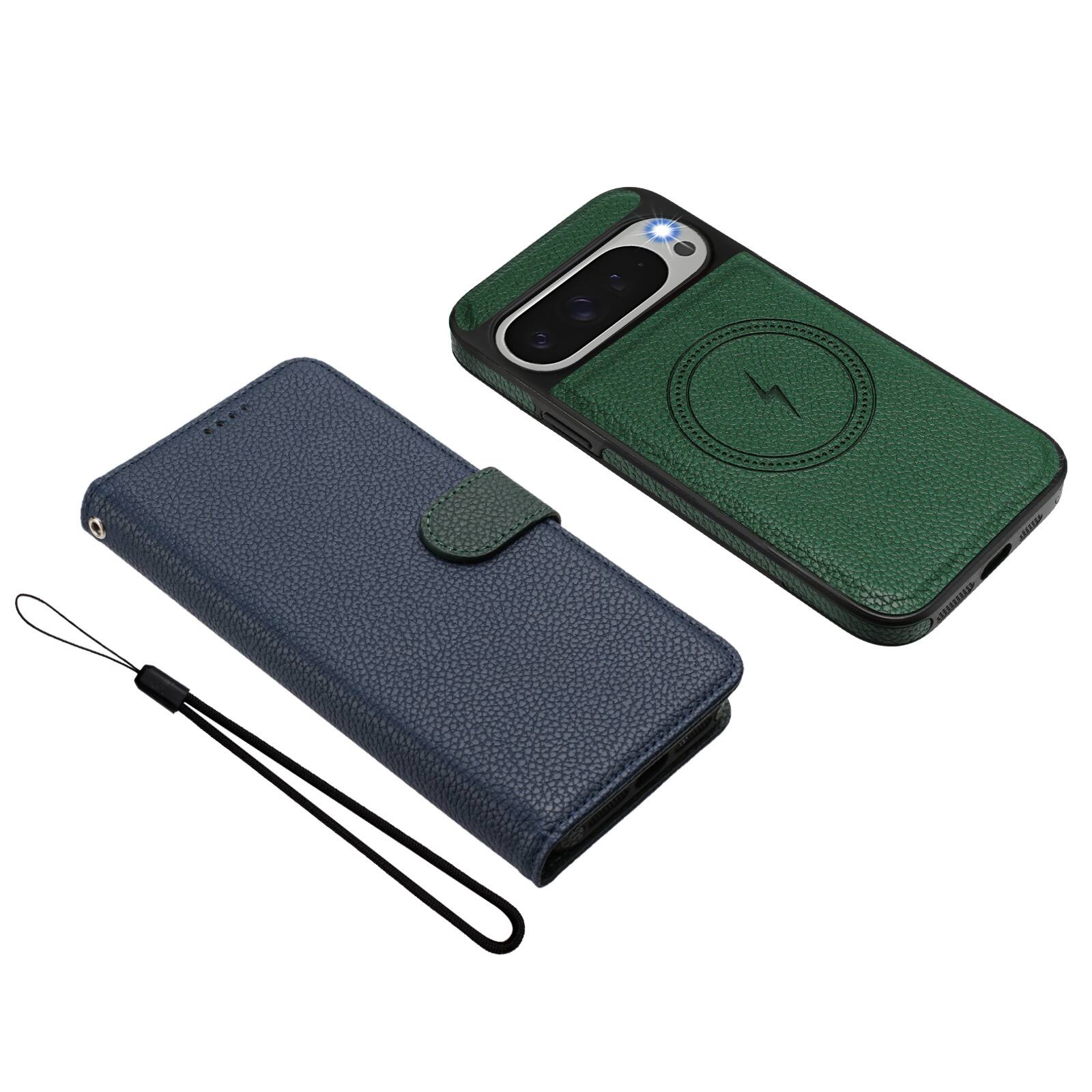 Alt View 4. Dteck - Magnetic Detachable Wallet Case for Google Pixel 10 Pro XL,PU Leather Card Holder Flip Cover with Wrist Strap - Blue.