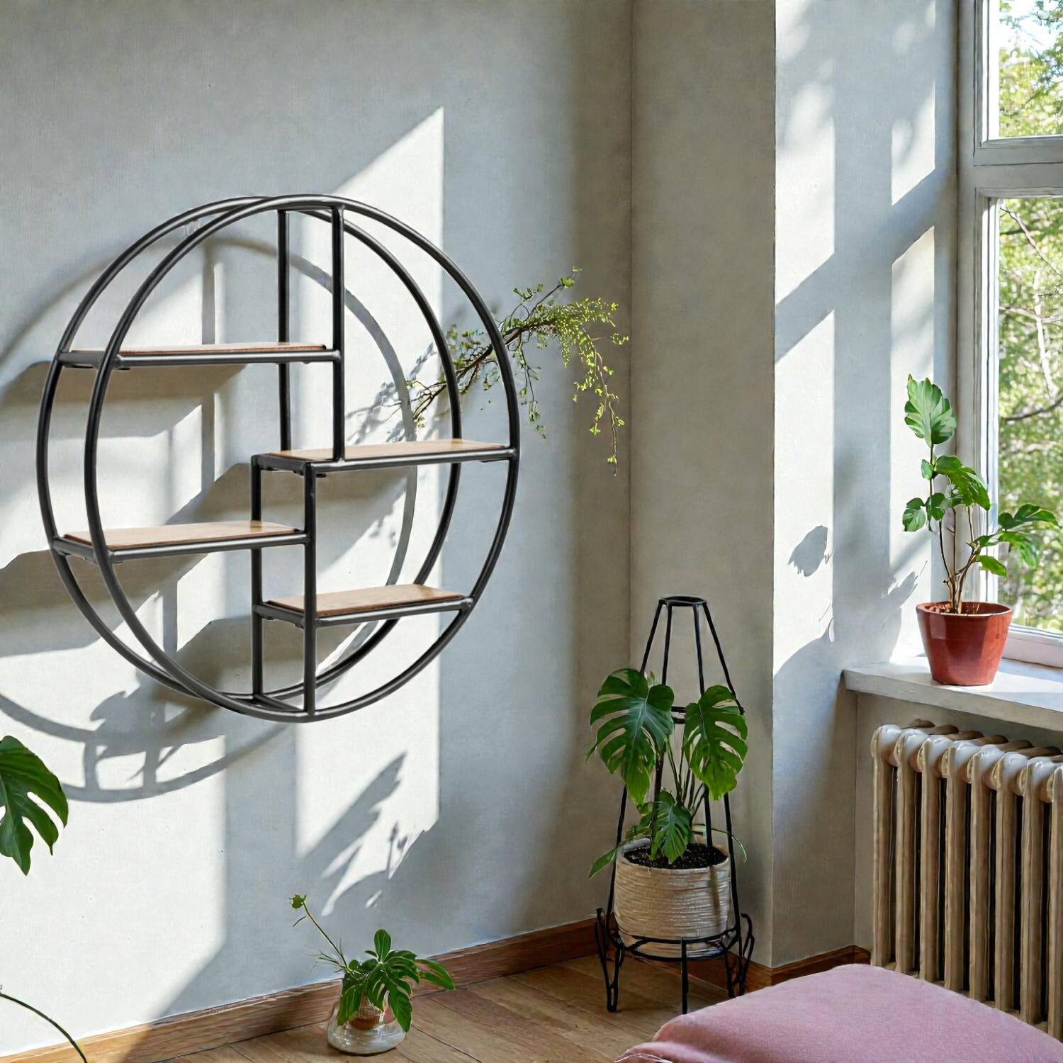 Front. Hivvago - Round Wall-Mounted 4-Tier Storage Shelf for Home and Office - Black.