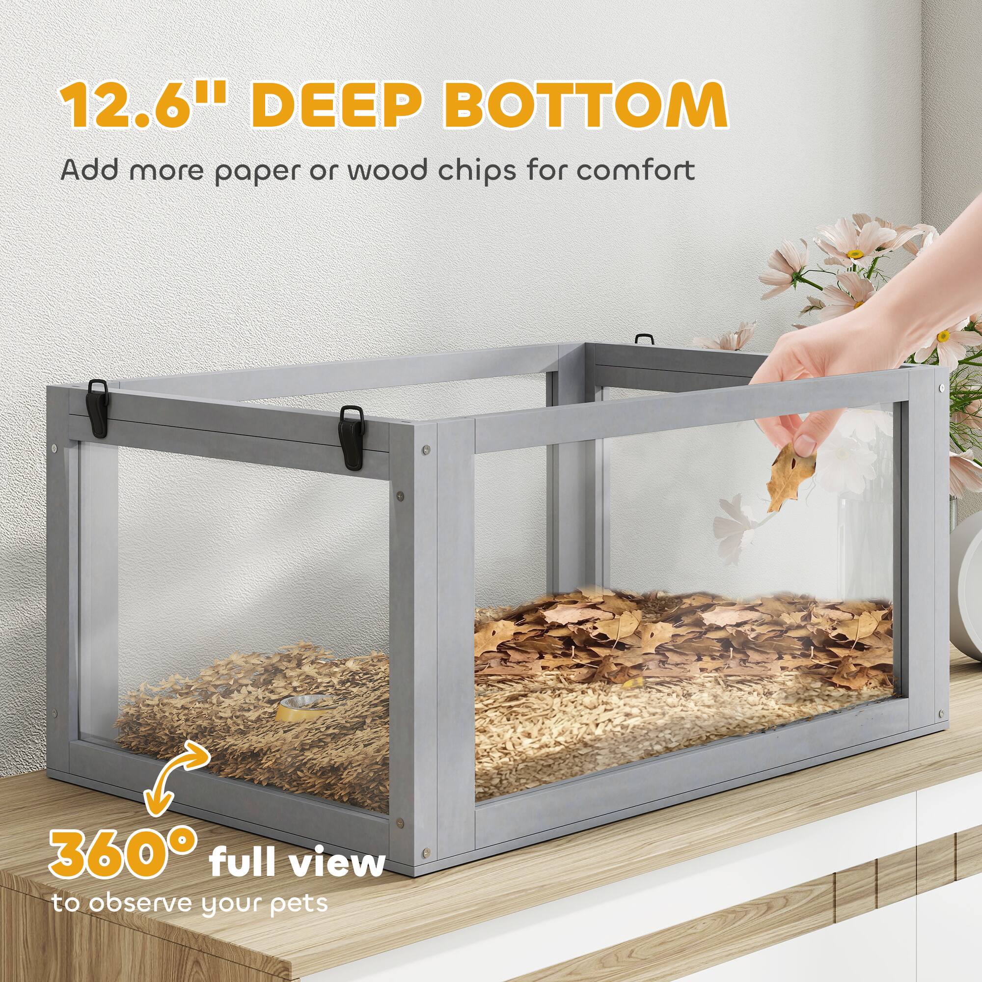 12.6" DEEP BOTTOM  
Add more paper or wood chips for comfort  

360° full view to observe your pets