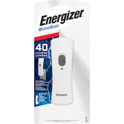 Energizer. WEATHERREADY 40 LUMENS LUMENS RECHARGEABLE - Turns on when power is out RECHARGEABLE - Se enciende cuando se corta la electricidad RETRACTABLE PLUG CORDON ENCHUFE RETRACTIL