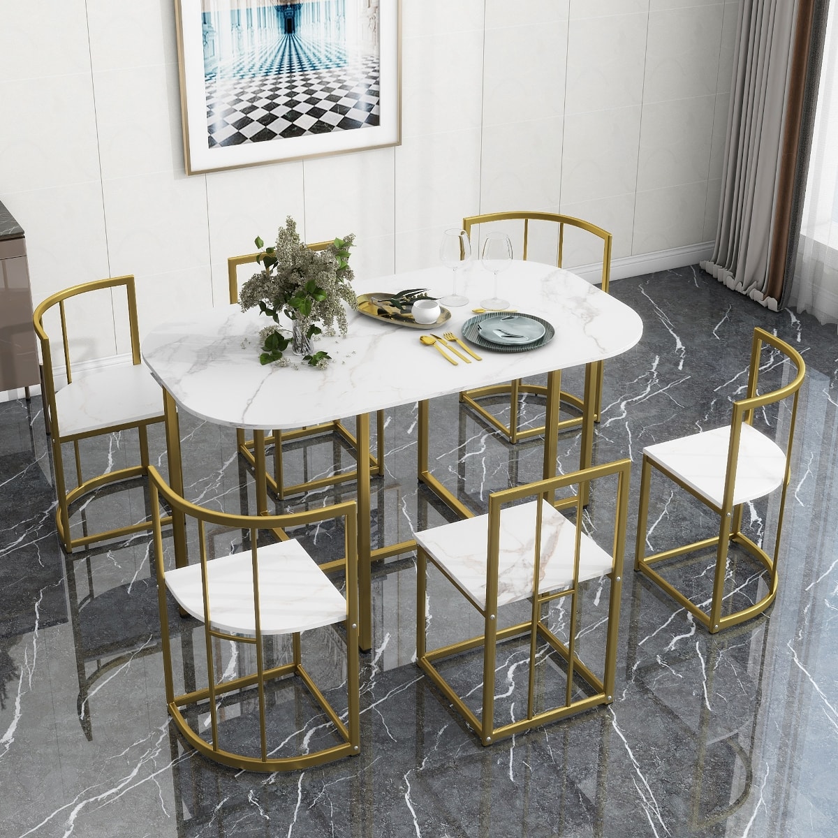 Loheer - 7 Piece Dining Set for 6, 53.5 Inch Faux Marble White Table, Modern Black and Gold Chairs - Black and Faux Marble White
