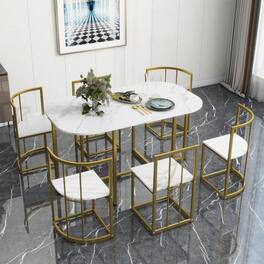 Loheer - 7 Piece Dining Set for 6, 53.5 Inch Faux Marble White Table, Modern Black and Gold Chairs - Black and Faux Marble White