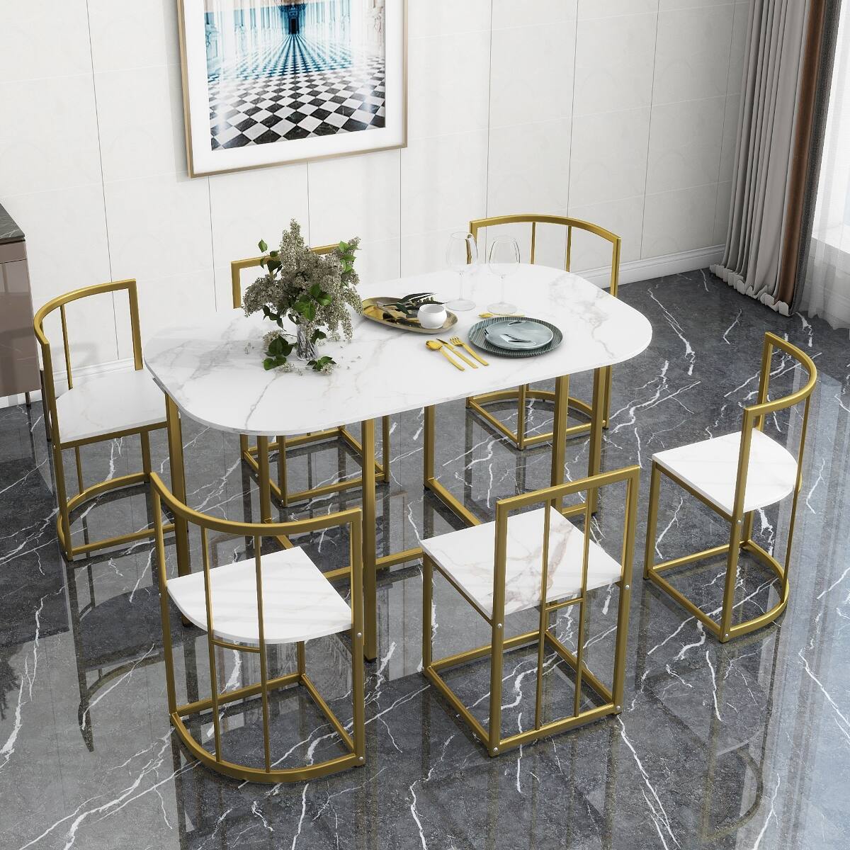 Front. Loheer - Loheer 7 Piece Dining Set for 6, 53.5 Inch Faux Marble White Table, Modern Black and Gold Chairs - Black and Faux Marble White.