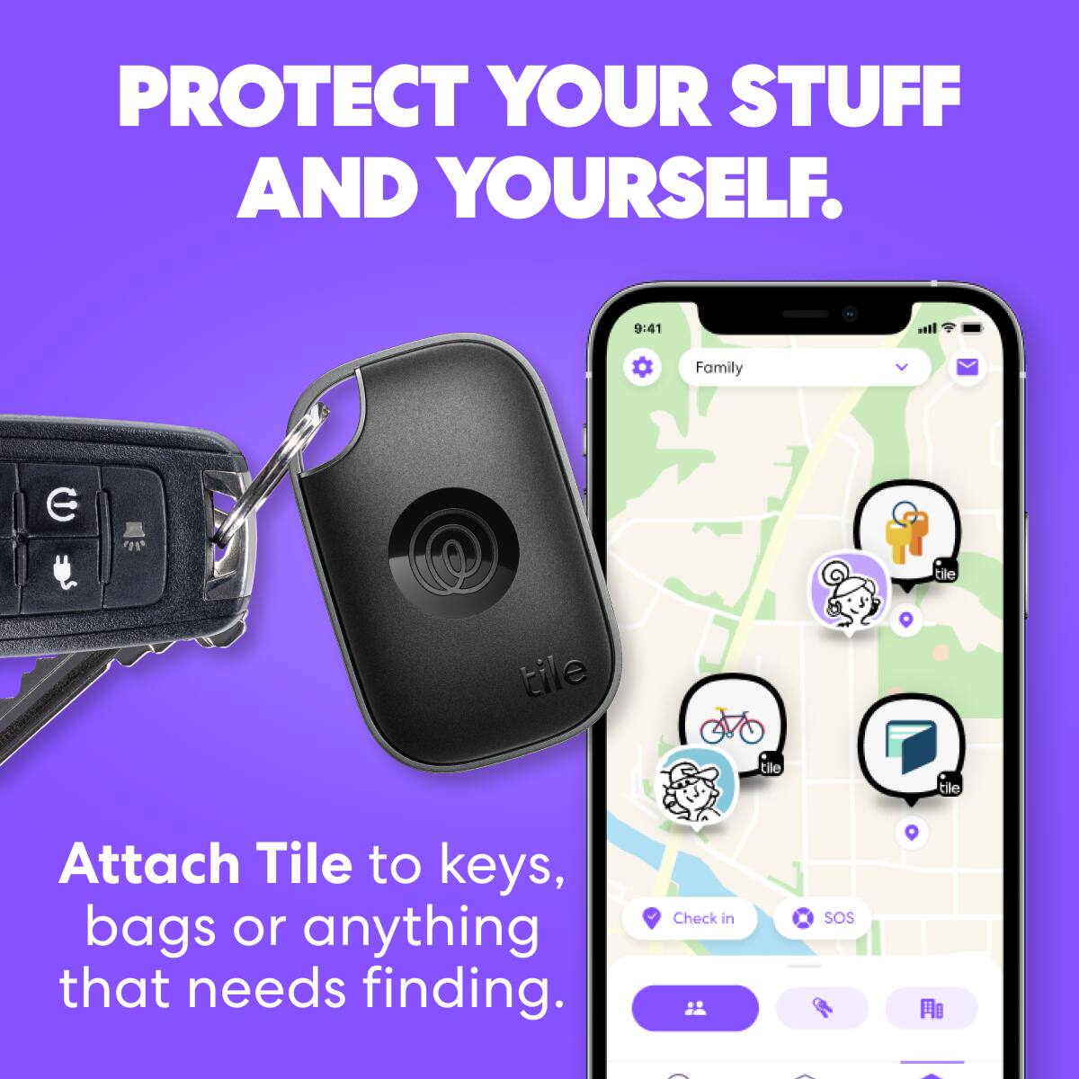 Protect Your Stuff and Yourself. Attach Tile to keys, bags or anything that needs finding. Check in SOS.