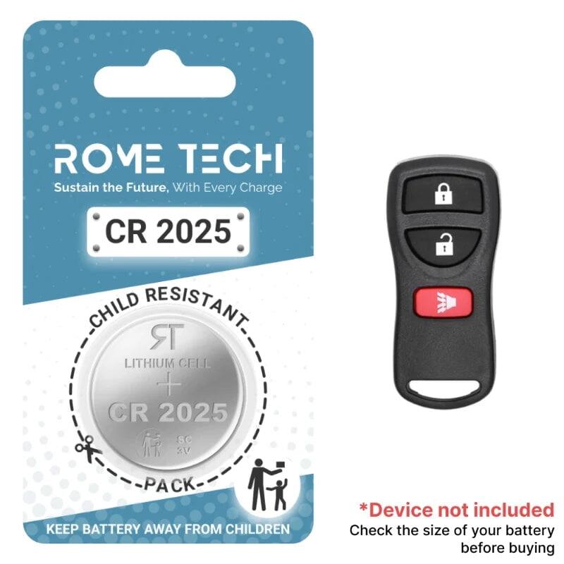 ROME TECH  
Sustain the Future, With Every Charge  

CR 2025  
CHILD RESISTANT  
LITHIUM CELL  
CR 2025  
1 PACK  

KEEP BATTERY AWAY FROM CHILDREN  

*Device not included  
Check the size of your battery before buying