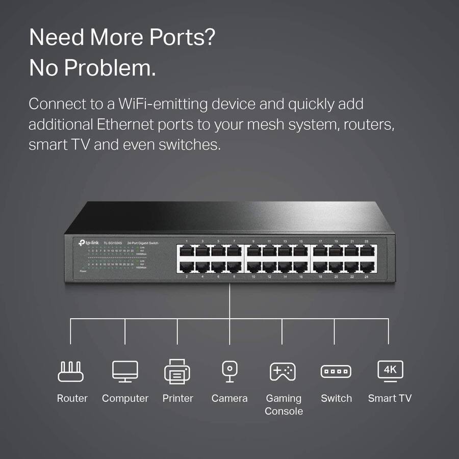 Need More Ports?  
No Problem.

Connect to a WiFi-emitting device and quickly add additional Ethernet ports to your mesh system, routers, smart TV, and even switches.

Router  
Computer  
Printer  
Camera  
Gaming Console  
Switch  
Smart TV