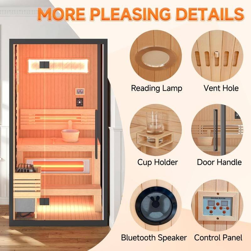 MORE PLEASING DETAILS

- Reading Lamp
- Vent Hole
- Cup Holder
- Door Handle
- Bluetooth Speaker
- Control Panel

SAUNA ROOM 88 198