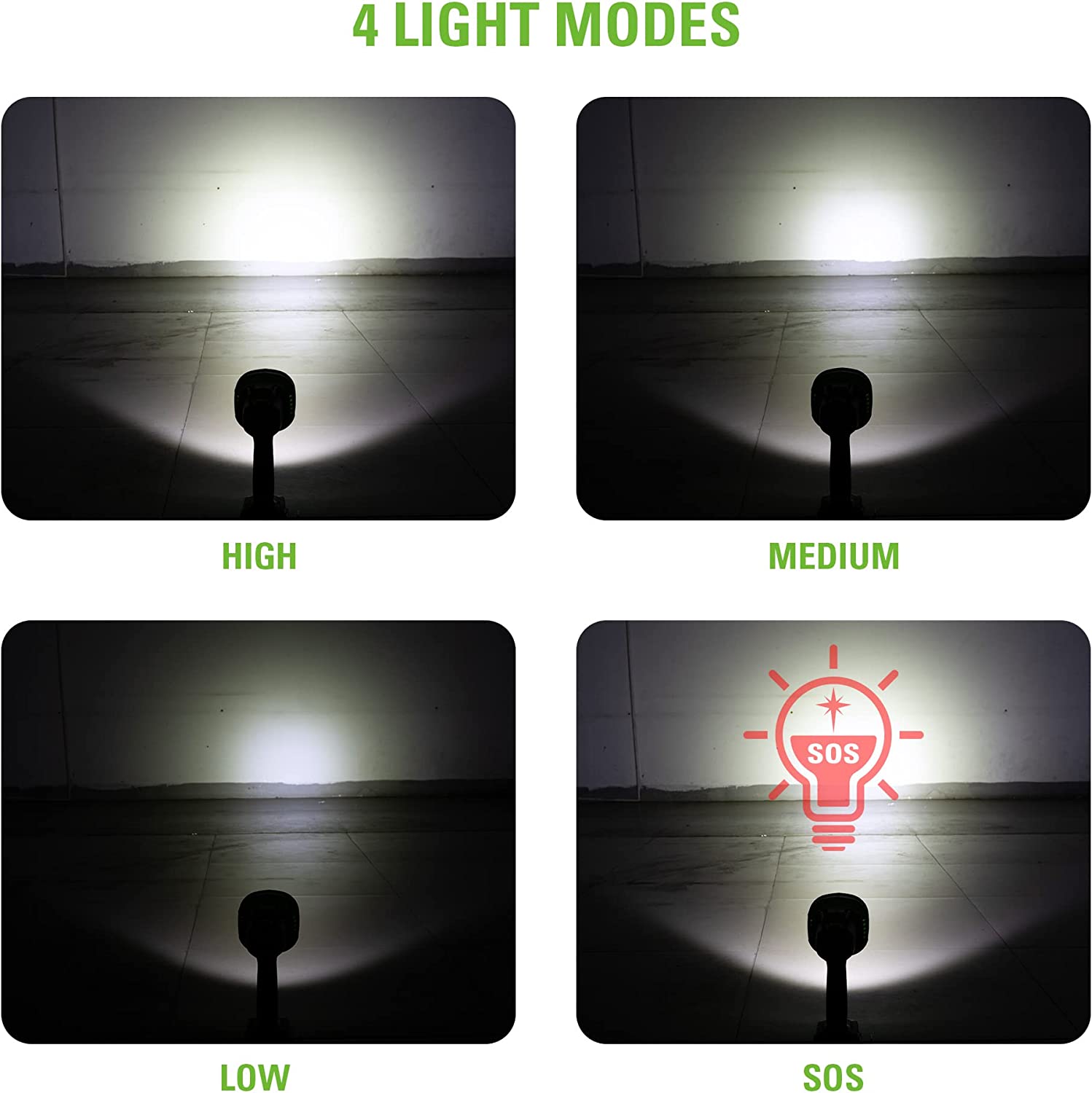 4 LIGHT MODES

HIGH  
MEDIUM  
LOW  
SOS