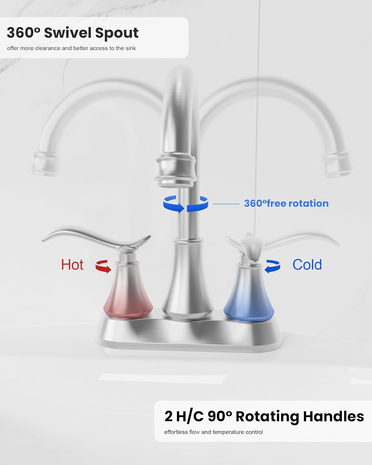 360° Swivel Spout  
offer more clearance and better access to the sink  

360° free rotation  

Hot  
Cold  

2 H/C 90° Rotating Handles  
effortless flow and temperature control