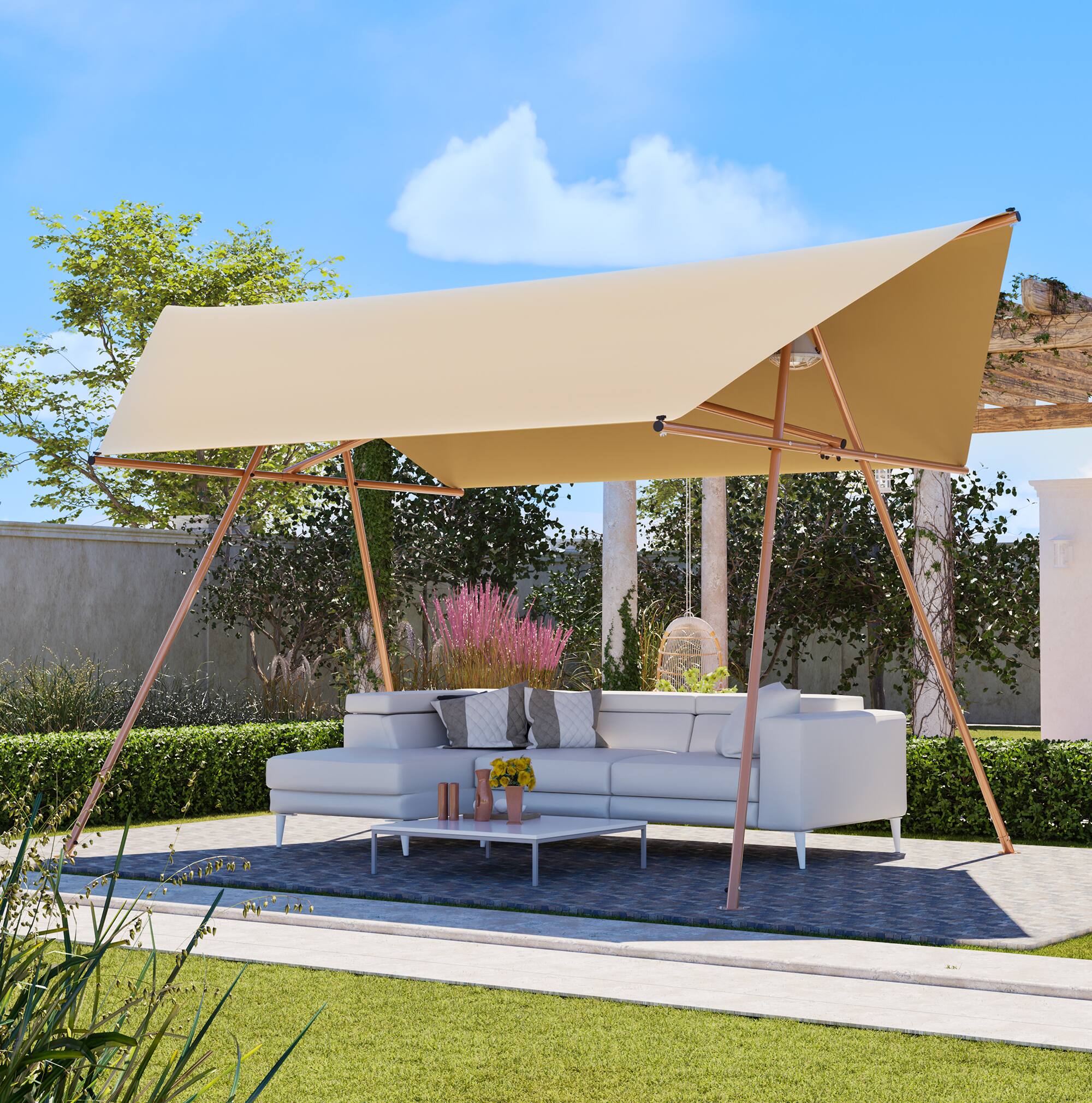 Angle. Mondawe - Hexagonal Shade Sail Canopy with UPF 50+ Waterproof Fabric and Metal Frame - Brown.