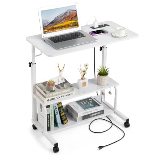 Winado - 31.5" Portable Rolling Desk Mobile Laptop Table on Wheels Height Adjustable Standing Desk with 2 AC Outlets/3 USB Ports - White