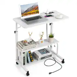 Winado - 31.5" Portable Rolling Desk Mobile Laptop Table on Wheels Height Adjustable Standing Desk with 2 AC Outlets/3 USB Ports - White