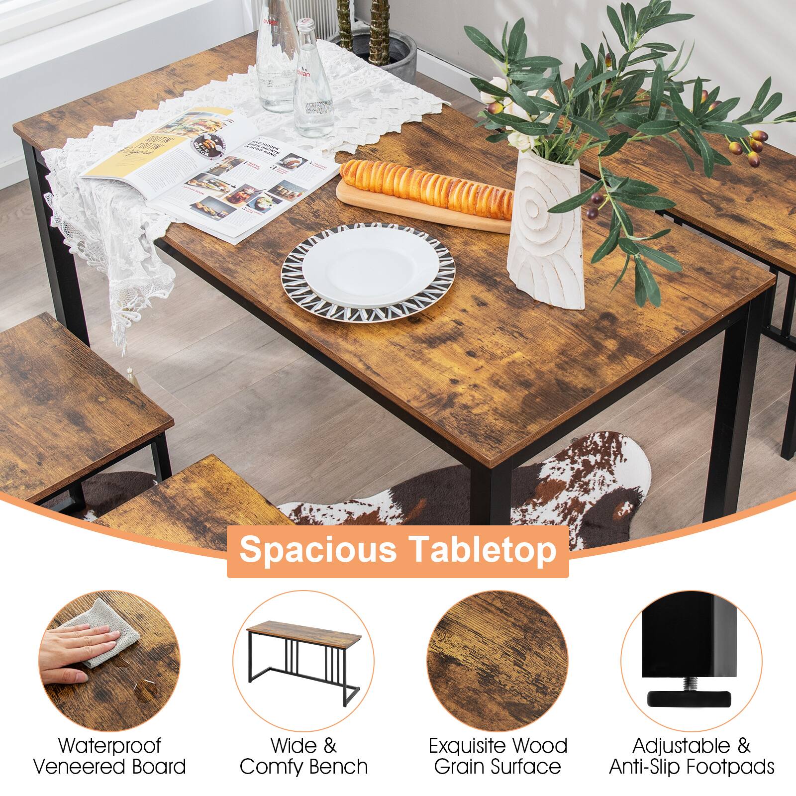 The text on the image reads: "Spacious Tabletop Waterproof Veneered Board Wide & Comfy Bench Exquisite Wood Grain Surface Adjustable & Anti-Slip Footpads."