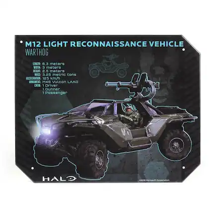 M12 LIGHT RECONNAISSANCE VEHICLE
WARTHOG
LENGTH: 6.3 meters
WIDTH: 3 meters
HEIGHT: 2.5 meters
MASS: 3.25 metric tons
ACCELERATION: 125 km/h
ARMAMENT: M46 Vulcan LAAG
CREW: 1 Driver, 1 Gunner, 1 Passenger
HALO
©2019 Microsoft Corporation