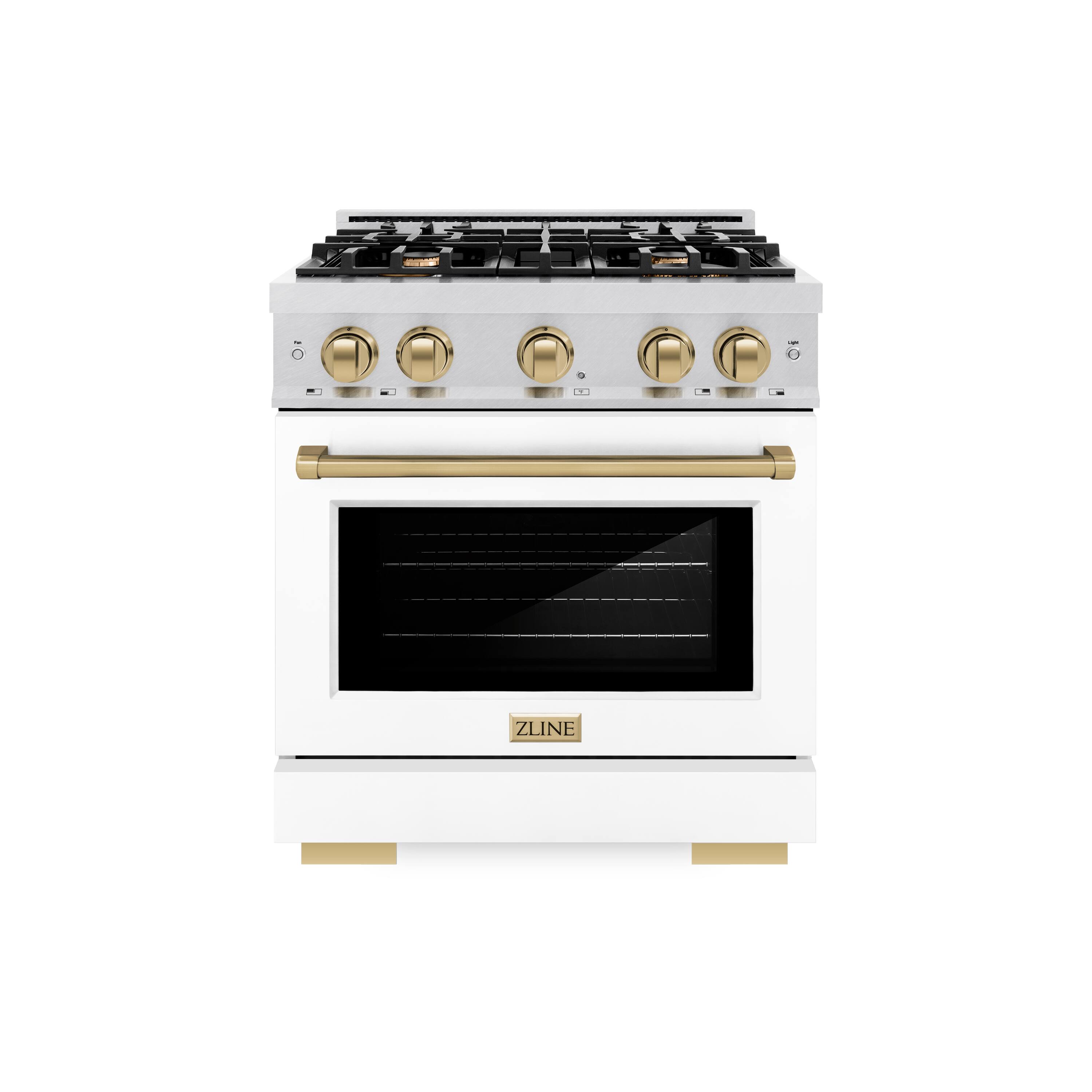Angle. ZLINE - ZLINE Autograph 30 in. 4.2 cu. ft. Freestanding Select Satin Steel Gas Range w/ White Door & Bronze Accents - Satin Stainless Steel.