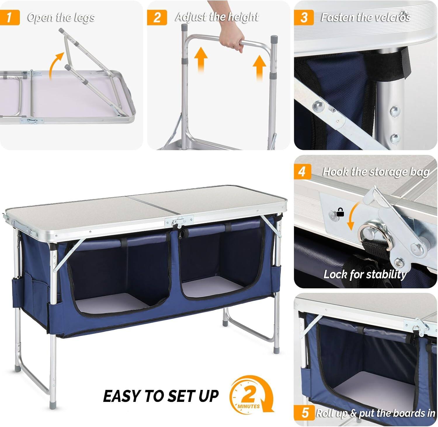 1. Open the legs  
2. Adjust the height  
3. Fasten the velcro's  
4. Hook the storage bag  
   Lock for stability  
5. Roll up & put the boards in  

EASY TO SET UP  
2 MINUTES