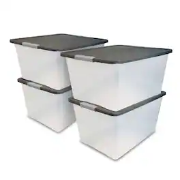 Homz - 64 Qt Secure Latching Large Clear Plastic Storage Bin w/ (4 Pack) - Gray Lid